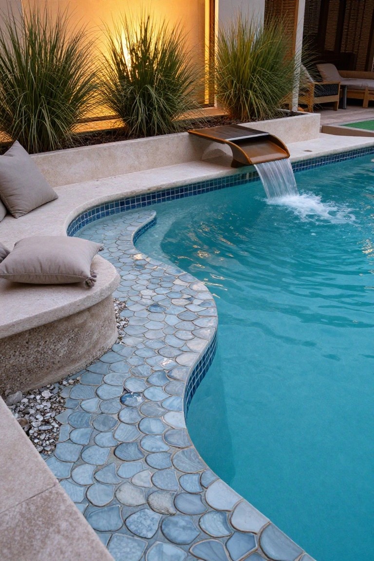 18 Luxury Pool Detail Ideas That Take Your Design Further Curved swimming pool edge with blue shell-shaped mosaic tiles, built-in stone bench with gray cushions, wooden waterfall feature pouring into turquoise water, grasses in planters, and beige stone decking.