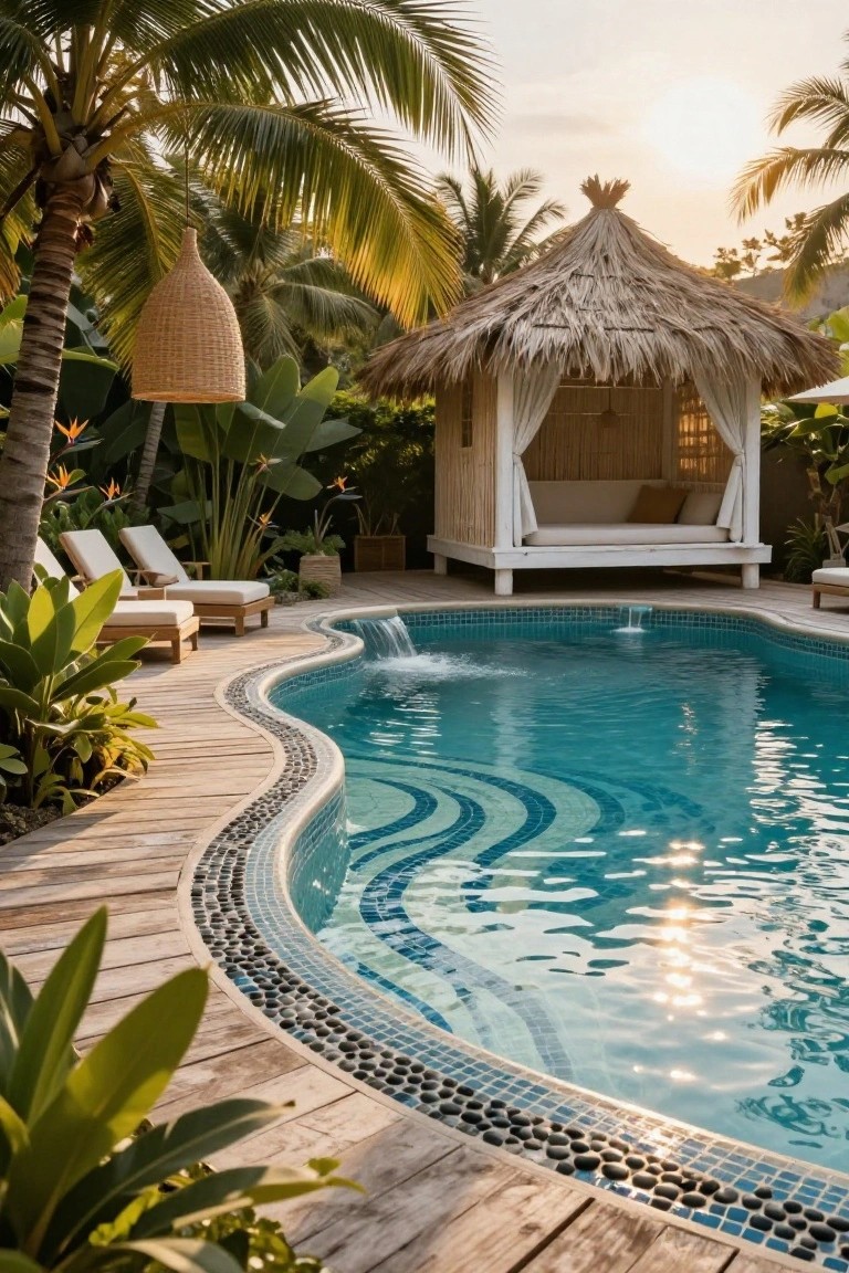 18 Luxury Pool Detail Ideas That Take Your Design Further Curved turquoise pool with wavy blue mosaic bottom and black pebble border along wooden deck edge, flanked by tropical plants, white loungers, and a thatched pavilion with sheer curtains.