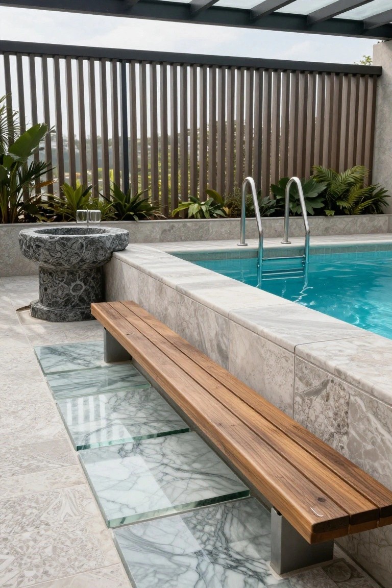 18 Luxury Pool Detail Ideas That Take Your Design Further Modern infinity-edge pool with stainless steel ladder, gray stone tile surround, long wooden bench on glass and marble tile platform, stone basin planter, potted tropical plants, and slatted wood privacy screen under a covered terrace.
