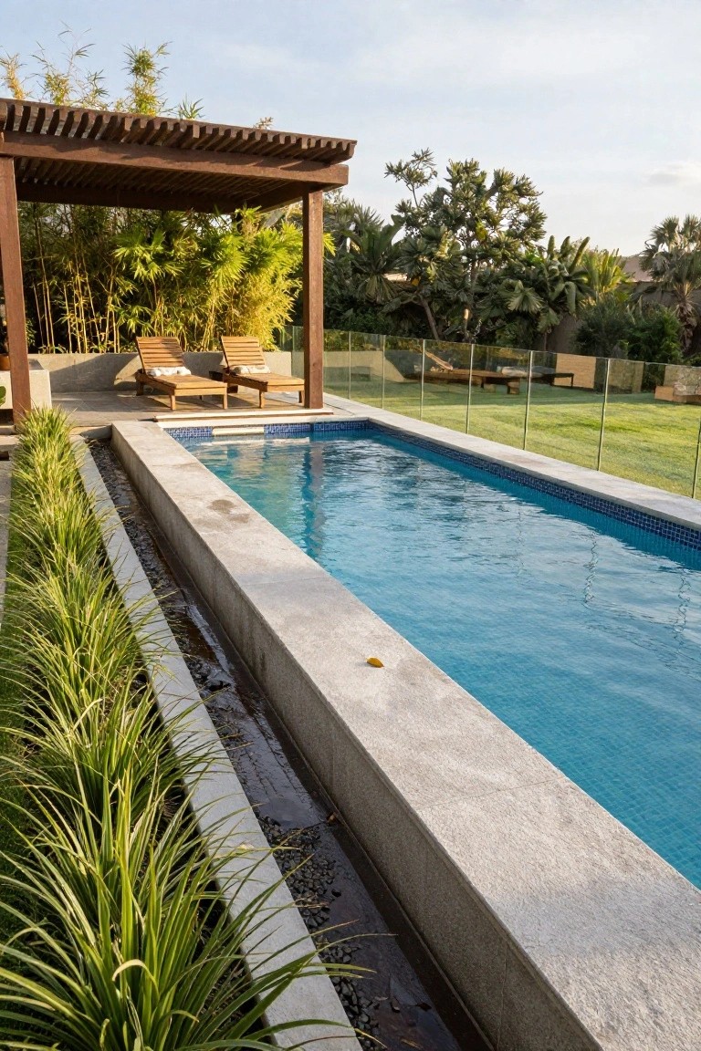 18 Luxury Pool Detail Ideas That Take Your Design Further Long narrow lap pool with light blue tiles and grey stone raised edging, featuring a linear planter strip filled with tall ornamental grasses along one side, wooden pergola with two loungers in the background, glass pool fence, tropical plants, and green lawn.