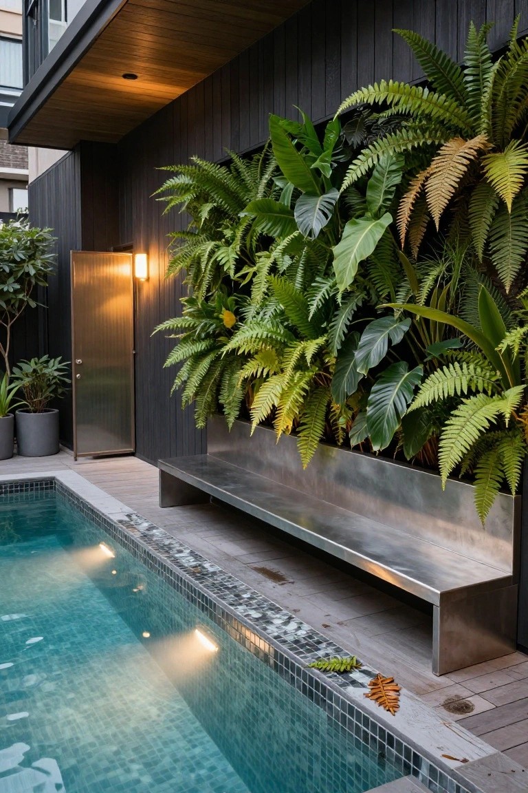 18 Luxury Pool Detail Ideas That Take Your Design Further Outdoor pool with turquoise mosaic-tiled water and underwater lights, adjacent stainless steel bench on wooden decking, vertical wall of green ferns and plants on black wood cladding, metal door with wall light, and potted plants nearby.