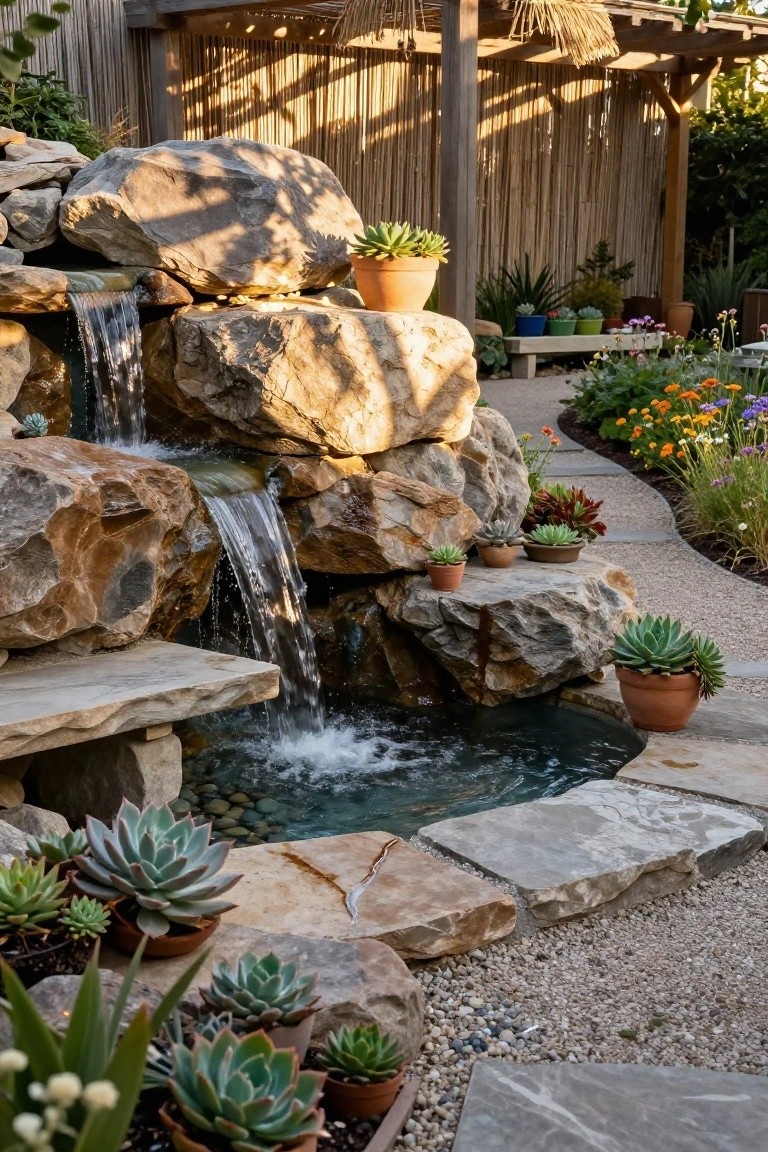 18 Luxury Pool Detail Ideas That Take Your Design Further Backyard water feature with multi-tiered natural stone boulders forming a waterfall into a small turquoise pool, surrounded by potted succulents, gravel paths, stone steps, and flowering plants near a thatched pergola.