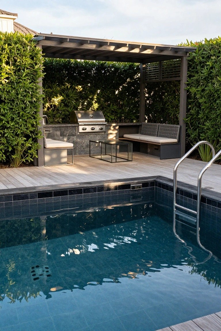 18 Luxury Pool Detail Ideas That Take Your Design Further A rectangular blue-tiled swimming pool with a stainless steel ladder, adjacent to a wooden deck featuring a built-in BBQ grill under a slatted gray pergola, L-shaped cushioned bench seating, a glass coffee table, and surrounding green hedges.