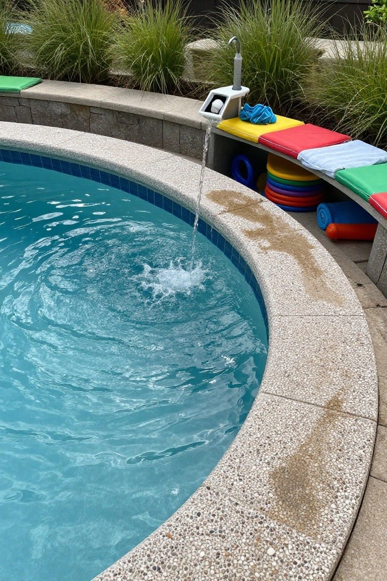 18 Luxury Pool Detail Ideas That Take Your Design Further Curved blue swimming pool with pebble coping and a white wall-mounted fountain pouring water into the pool, built-in benches with colorful cushions, stored pool floats and noodles, and ornamental grasses nearby.