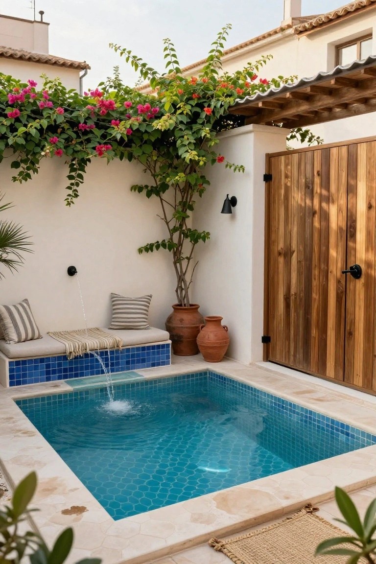 A small square plunge pool with blue mosaic tiles in a light stone courtyard, featuring a wall fountain feeding the pool, built-in cushioned bench seating, terracotta pots, wooden gate, potted palm, and pink bougainvillea vines on white walls.
