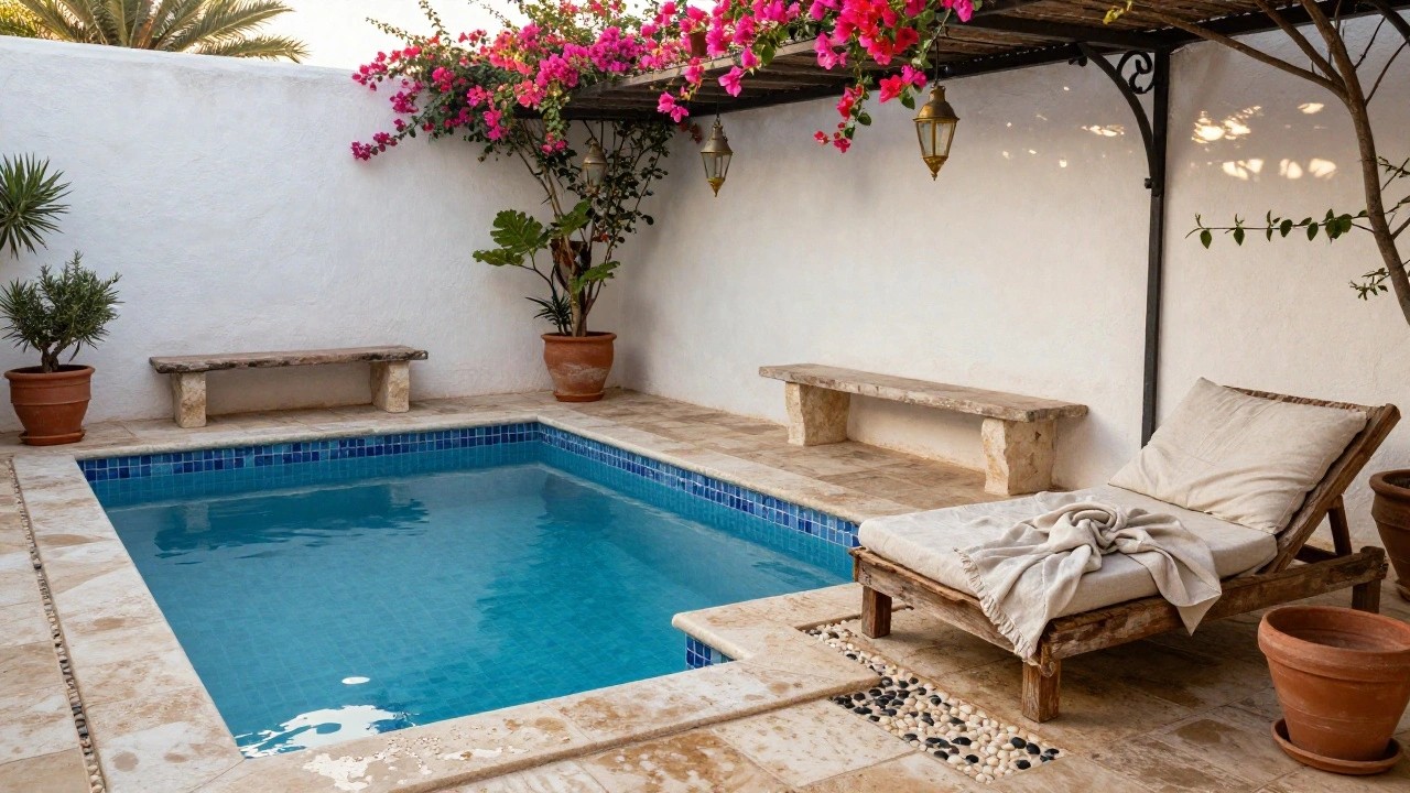 Wooden daybed with white cushions and throw blanket positioned next to a small turquoise-tiled pool, under a metal pergola covered in pink bougainvillea, with hanging lanterns, potted plants, and a white stucco wall nearby.