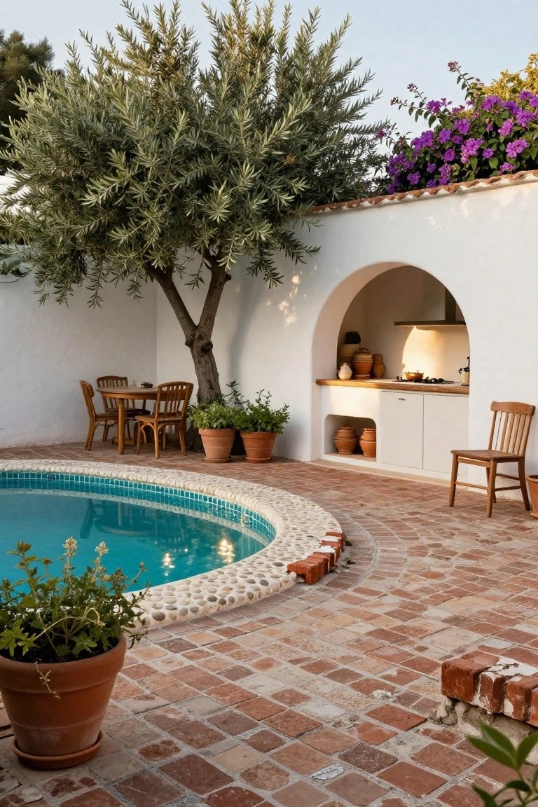 Curved turquoise pool with white pebble edging and terracotta paver patio, white stucco wall with arched outdoor kitchen alcove containing wood cabinets and stools, olive tree, potted plants, and wooden dining table with chairs.