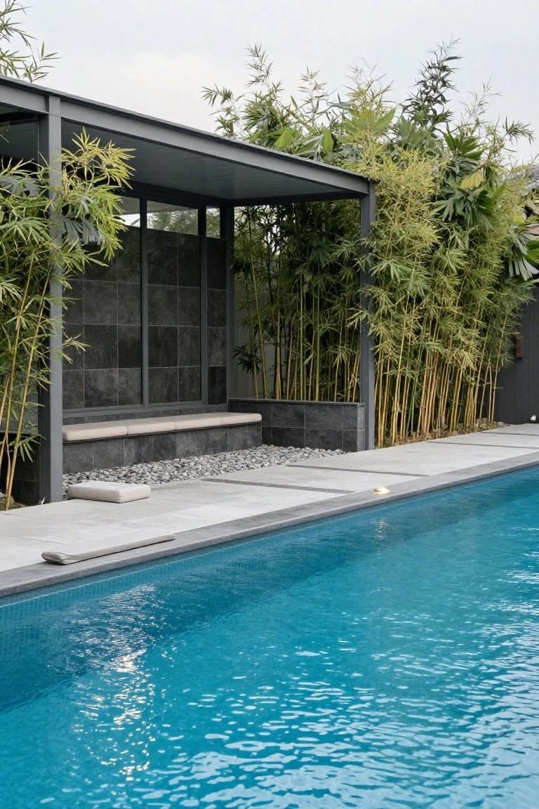 Modern outdoor poolside bench with beige cushion under a gray metal canopy and black tiled wall, surrounded by dense tall bamboo plants, adjacent to a long turquoise-tiled swimming pool with gray decking.