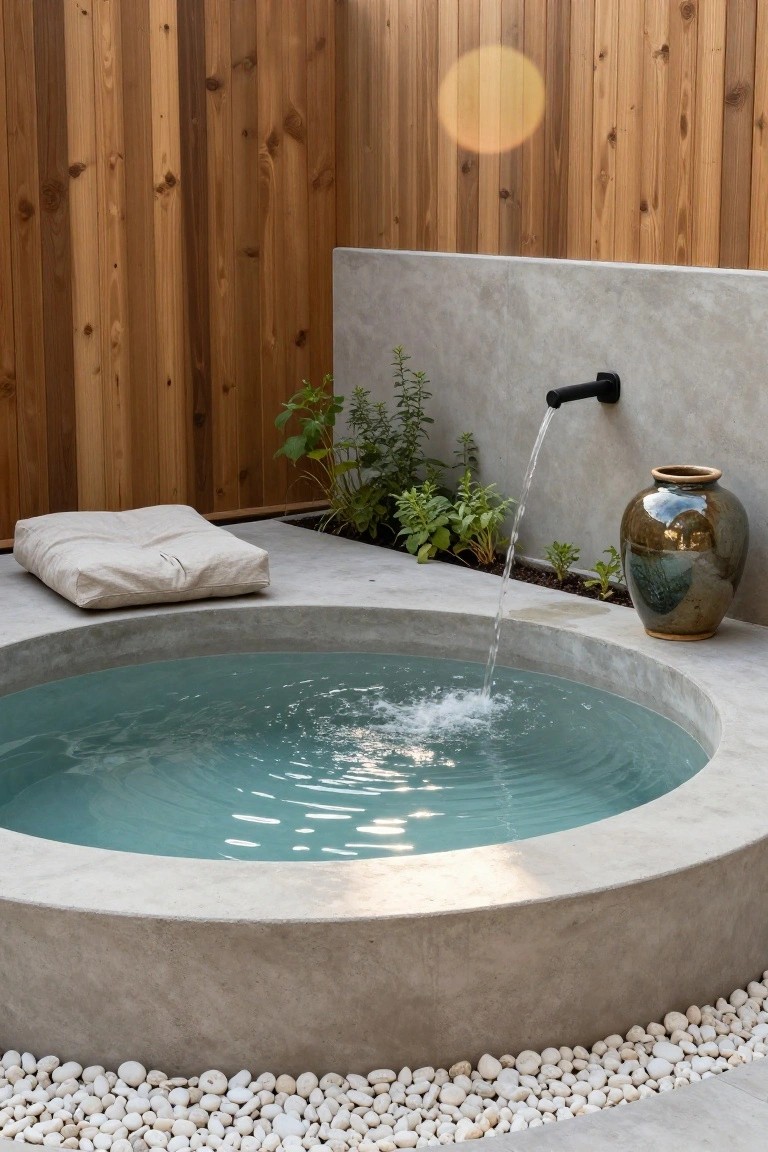 Round concrete hot tub with turquoise water and cascading stream from black wall faucet, surrounded by white pebbles, plants, beige cushion, bronze vase, and wooden fence.