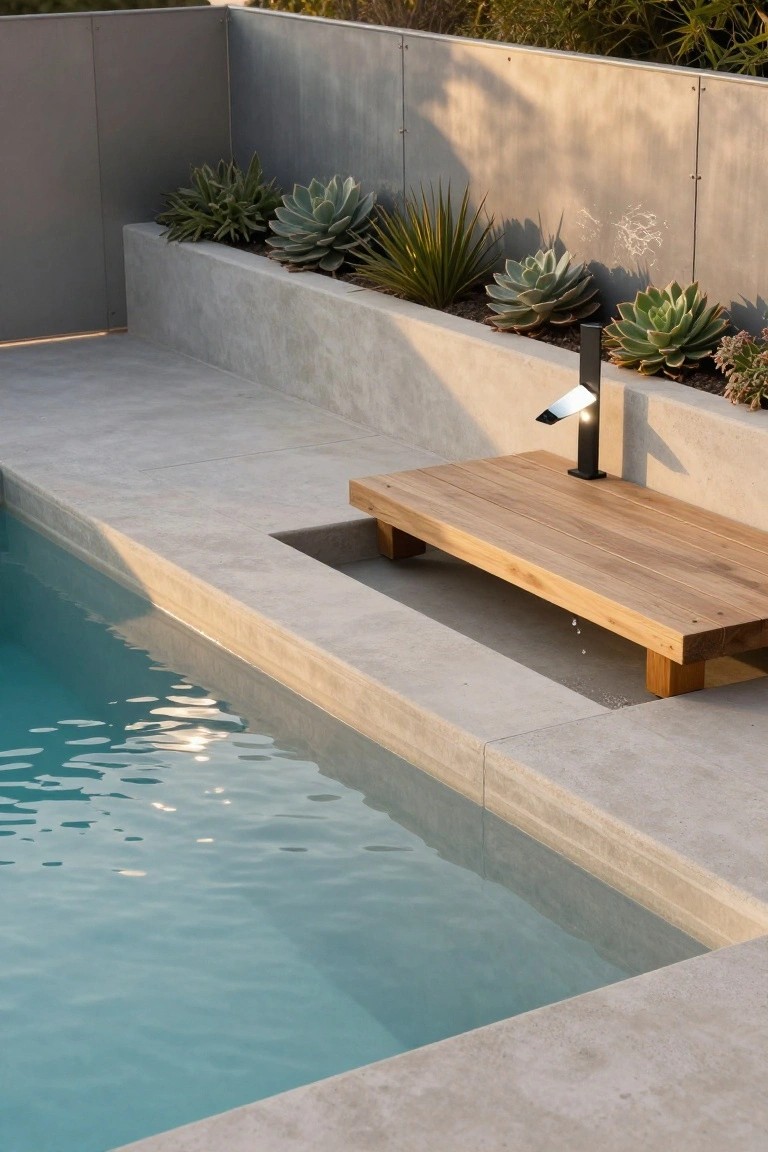 Gray concrete pool deck with recessed wooden bench along the edge of a turquoise pool, raised planters with succulents, black metal light fixture, and tall paneled fence in the background.