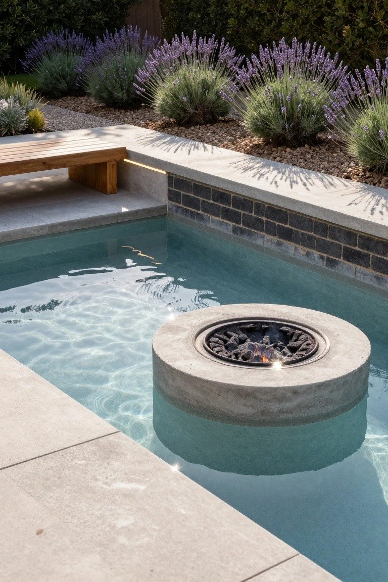 Small rectangular pool with central circular concrete fire pit island burning in the water, gray decking edge, wooden bench nearby, lavender shrubs, gravel mulch, and hedging background.