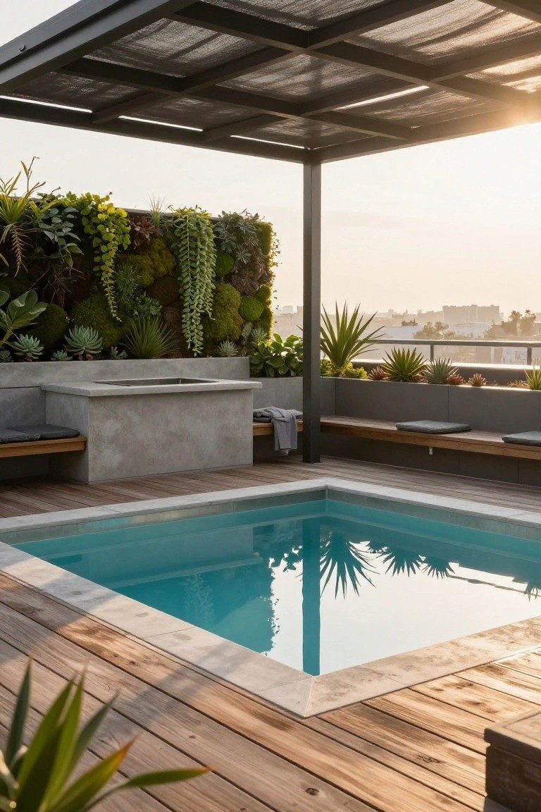 Rooftop terrace deck with small square turquoise plunge pool, concrete fire pit bench with gray cushions, wooden decking, vertical green plant wall, and sunset city view.