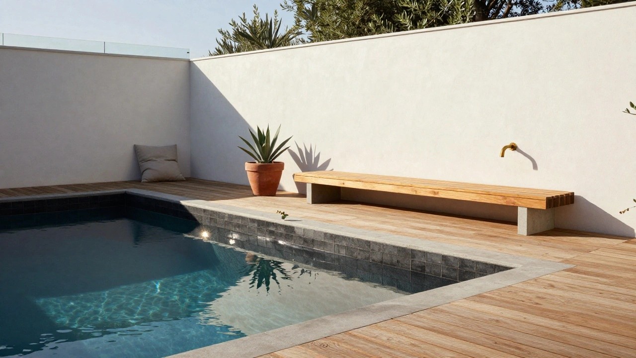 Narrow rectangular plunge pool with dark mosaic tiles and glass edge railing, surrounded by light wooden decking, two wooden benches with cushions, potted agave plants, small terracotta pots, and white stucco walls with olive tree in background.