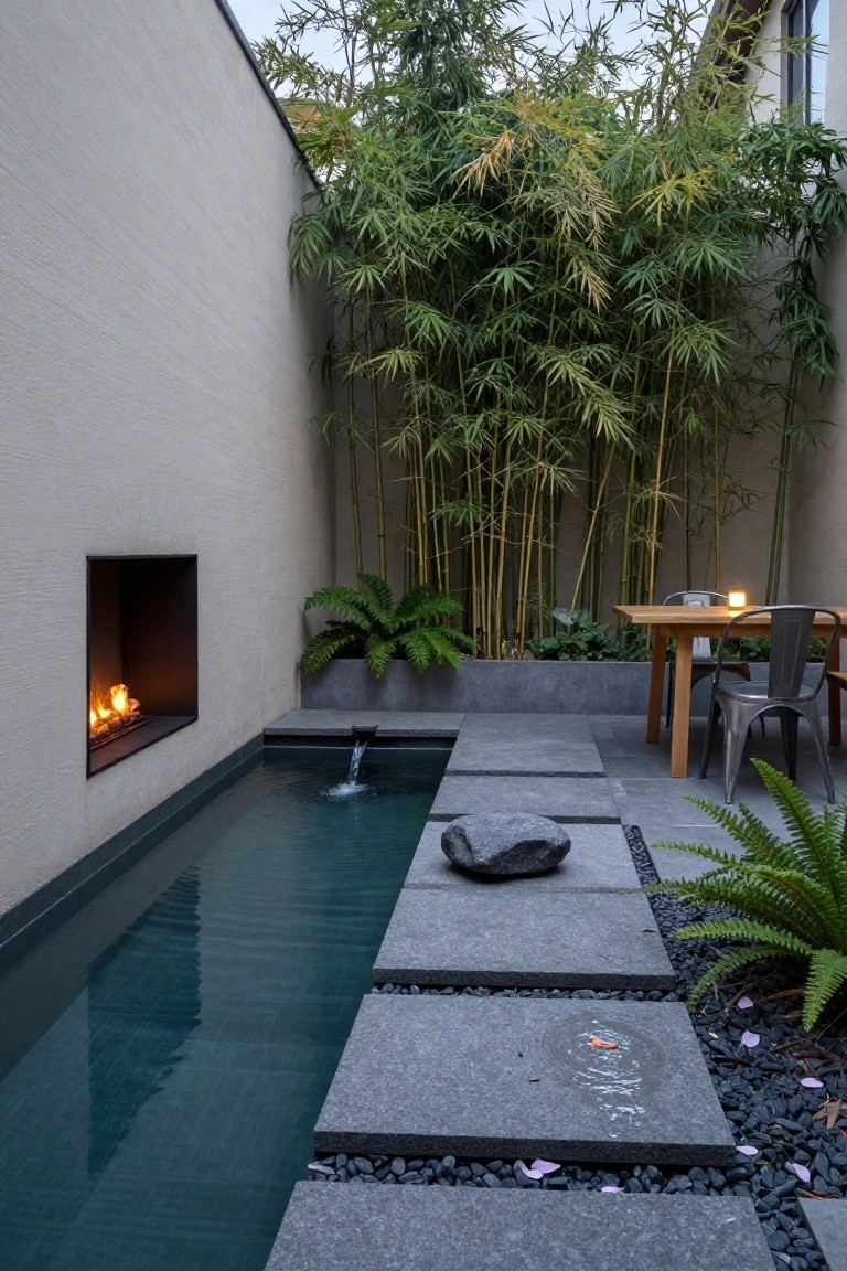 Narrow rectangular pool alongside a gray stone pathway in a walled courtyard with tall bamboo plants, a wall-mounted fireplace with flames, ferns in planters, a large boulder, and a wooden dining table with metal chairs.