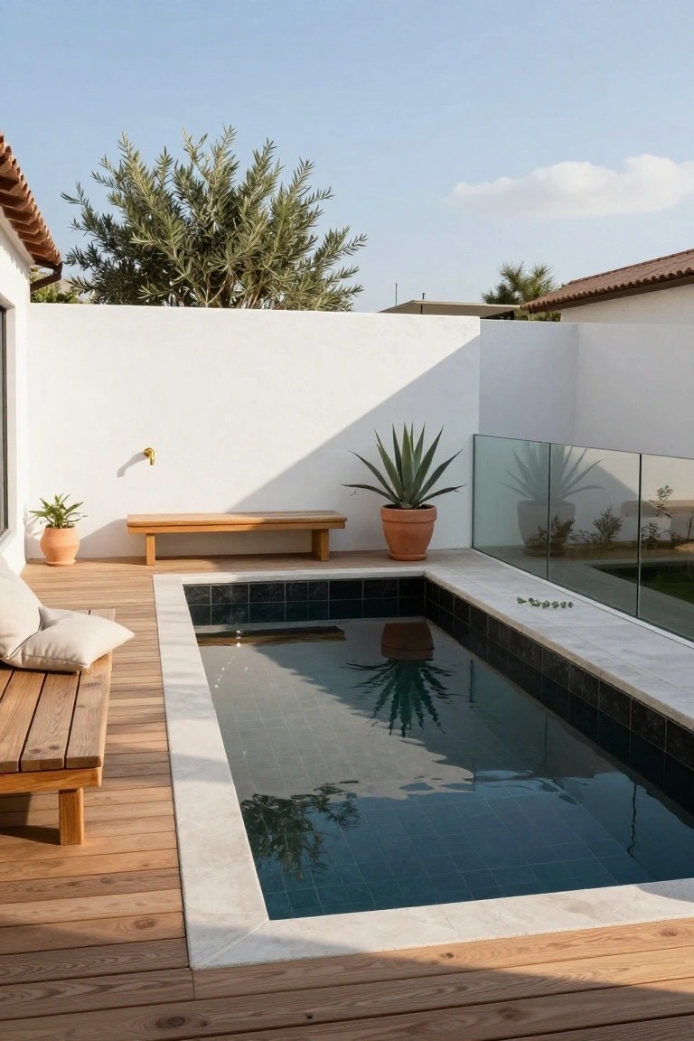 Narrow rectangular plunge pool with dark mosaic tiles and glass edge railing, surrounded by light wooden decking, two wooden benches with cushions, potted agave plants, small terracotta pots, and white stucco walls with olive tree in background.