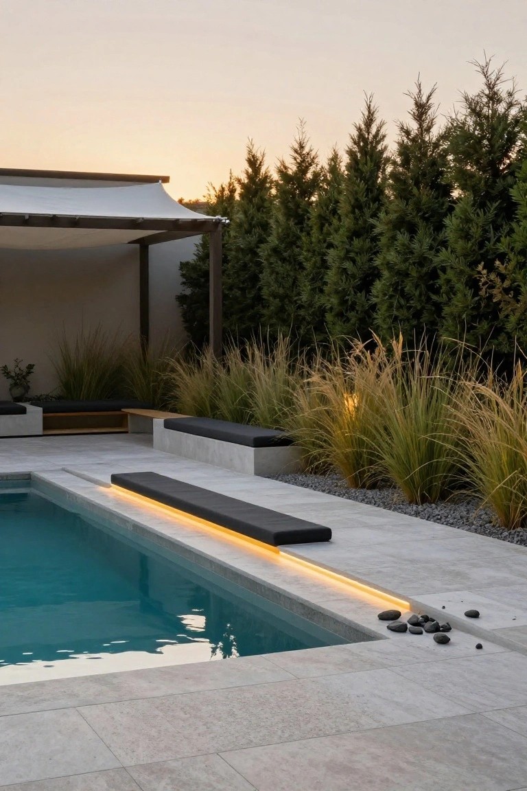 Modern rectangular pool with turquoise water and white LED strip lighting along the gray stone coping, concrete benches with black cushions positioned alongside, tall grasses and pebbles bordering the deck, evergreen trees and a covered pergola structure in the background at sunset.