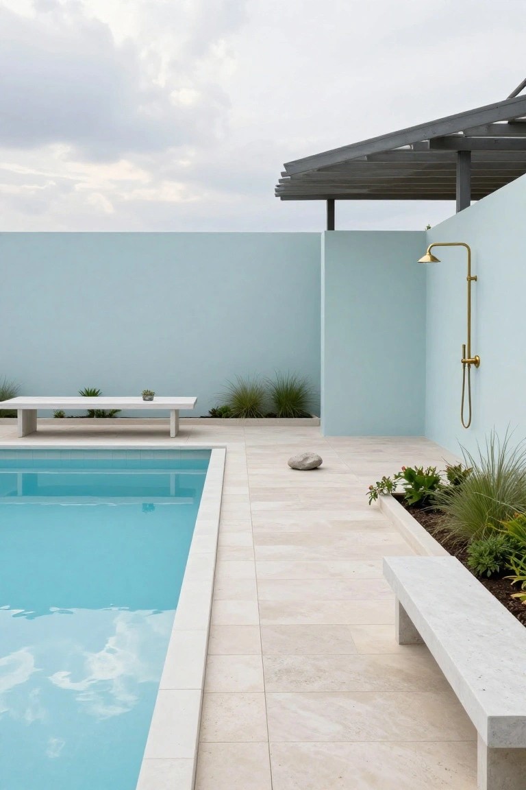Turquoise infinity-edge pool beside a pale blue wall with gold outdoor shower fixture, white stone benches and table, sparse grasses and plants on travertine deck under gray sky.