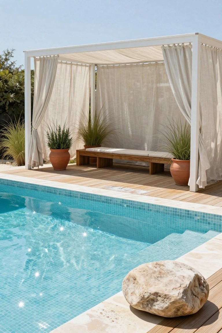White pergola with beige draped curtains enclosing a wooden bench with cushions on a deck next to a turquoise mosaic-tiled pool, with potted plants and a large rock nearby.