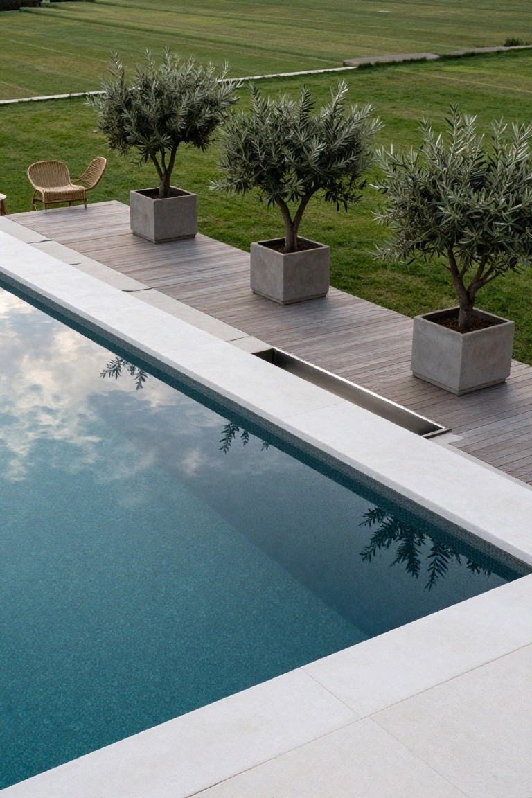 Overhead view of a rectangular turquoise pool with white stone coping and overflow channel, bordered by a wooden deck holding large concrete pots with olive trees, set against green fields.
