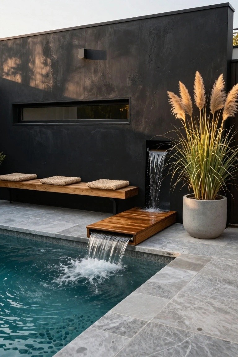 Corner of an outdoor pool with turquoise water and pebble edge, featuring a recessed wooden box on a dark wall spilling water into the pool, a wooden bench with cushions nearby, pampas grass in a large concrete pot, and grey stone tiled deck.