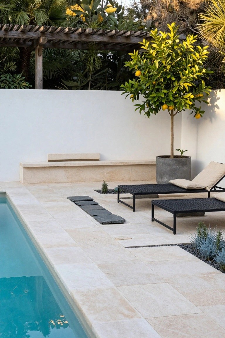 A turquoise pool edged with light beige stone tiles, featuring two black metal loungers with beige cushions, a low stone bench, dark stepping stones, potted plants including a lemon tree and agaves, against a white wall with greenery in the background.