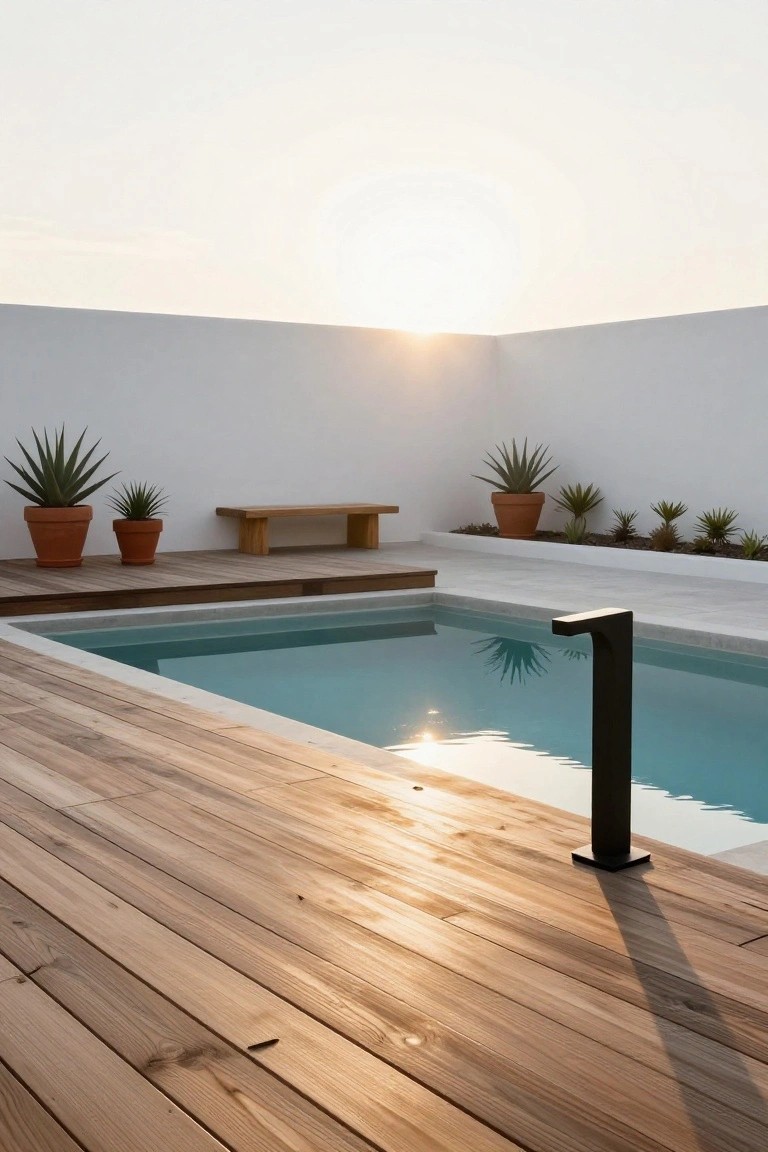 Small turquoise pool in a corner surrounded by light wood decking, white walls, potted agave plants, wooden bench, and black post at sunset.