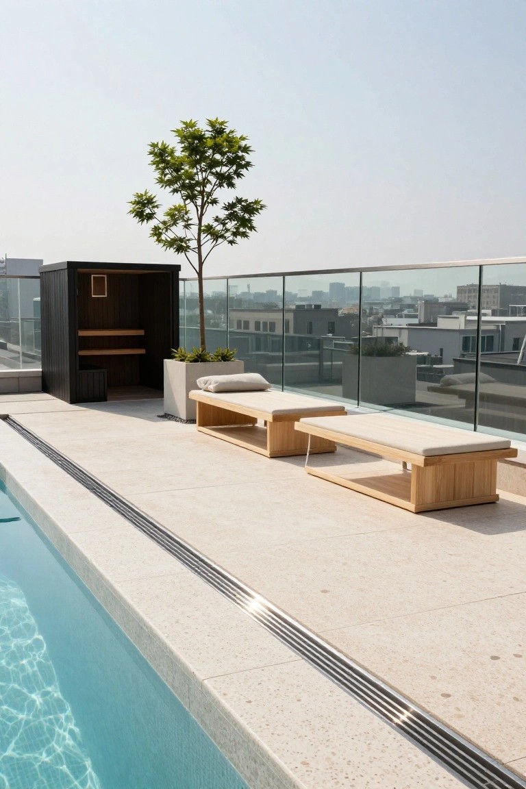 Rooftop pool deck with light-colored stone flooring, two low wooden benches with beige cushions, a potted tree, white planters with greenery, a black wooden sauna cabin, and glass railings overlooking urban buildings.