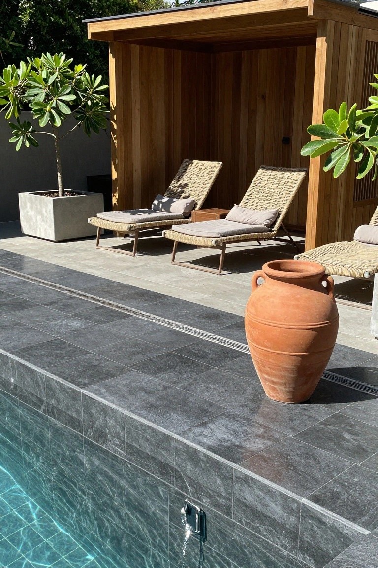 Wooden open-sided pergola with rattan loungers and cushions positioned next to a dark slate-tiled pool edge, flanked by potted plants and a large terracotta vase.