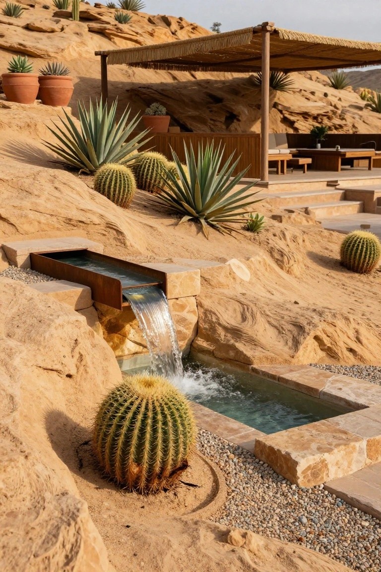 Small turquoise plunge pool with waterfall from rusted metal channel set into rocky desert hillside surrounded by cacti and agaves, thatched pergola with lounge seating above.