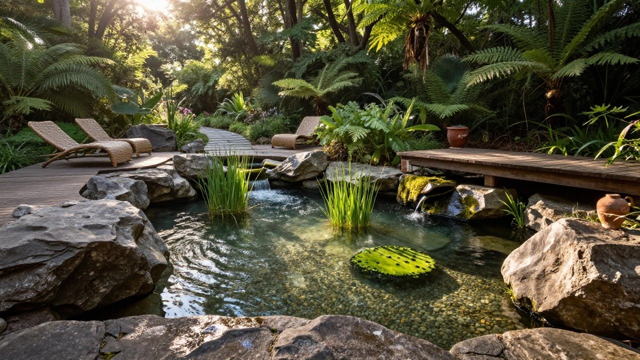 Turquoise natural pool bordered by large stacked rocks with a small waterfall, wooden deck platform holding two rattan loungers, surrounded by ferns, palms, and garden path.