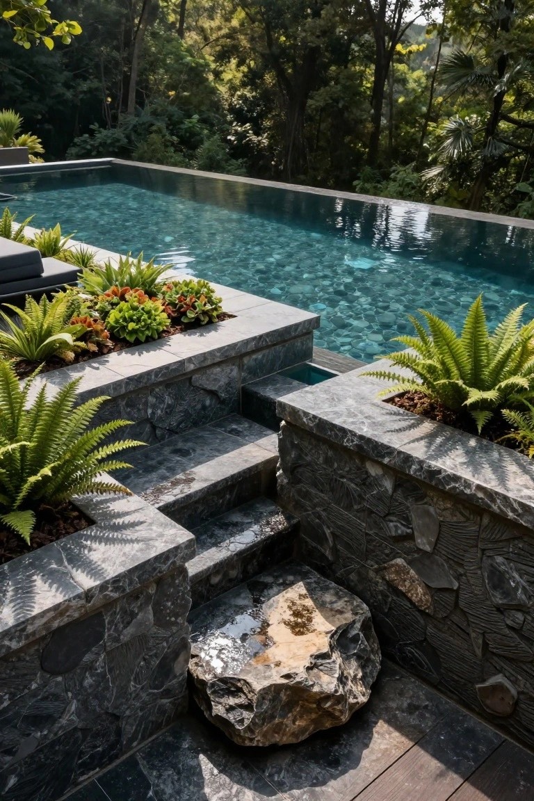 Infinity edge pool with dark stone steps descending to the water, surrounded by ferns in planters, colorful plants, and a large boulder, set against lush tropical forest.