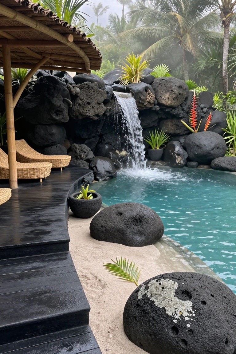 Tropical pool with black lava rock waterfall cascading into turquoise water, surrounded by boulders, plants, wooden lounge chairs on dark deck, and sandy edge.