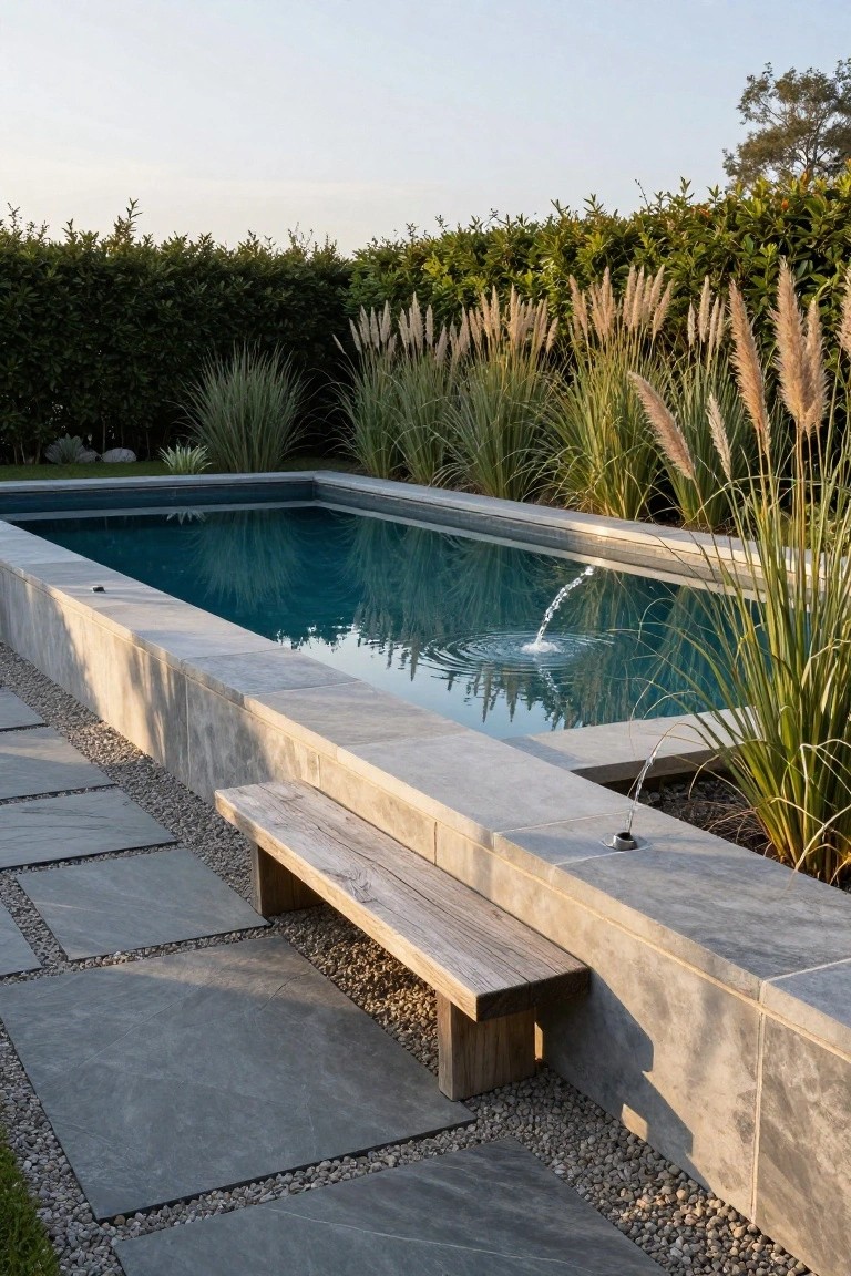 Narrow rectangular inground pool with turquoise water and a single fountain jet, edged in gray stone, surrounded by tall pampas grasses and hedges, wooden bench on one edge, stone pavers and gravel nearby.