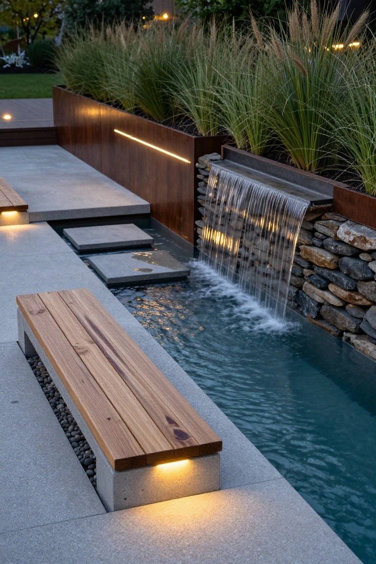 Narrow linear pool with water cascading from a metal planter wall edged in rocks and ornamental grasses, wooden bench on concrete patio with integrated lighting and steps.