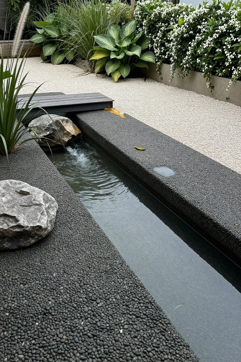 Narrow water channel flowing through black pebble ground edged in dark stone, with large rocks at one end, grasses, hostas, and white-flowering shrubs nearby.