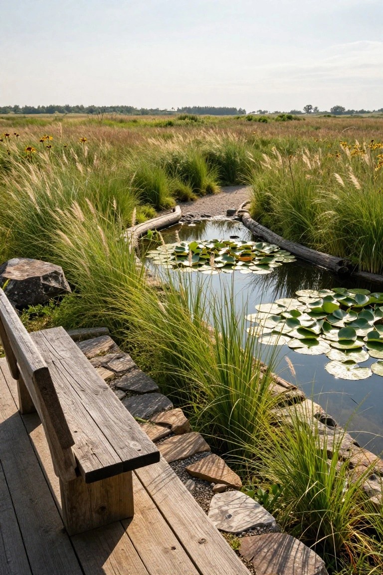 Wooden bench on a deck beside a small pond covered in lily pads, bordered by tall grasses, stones, and a log edge with a gravel path leading through a meadow.