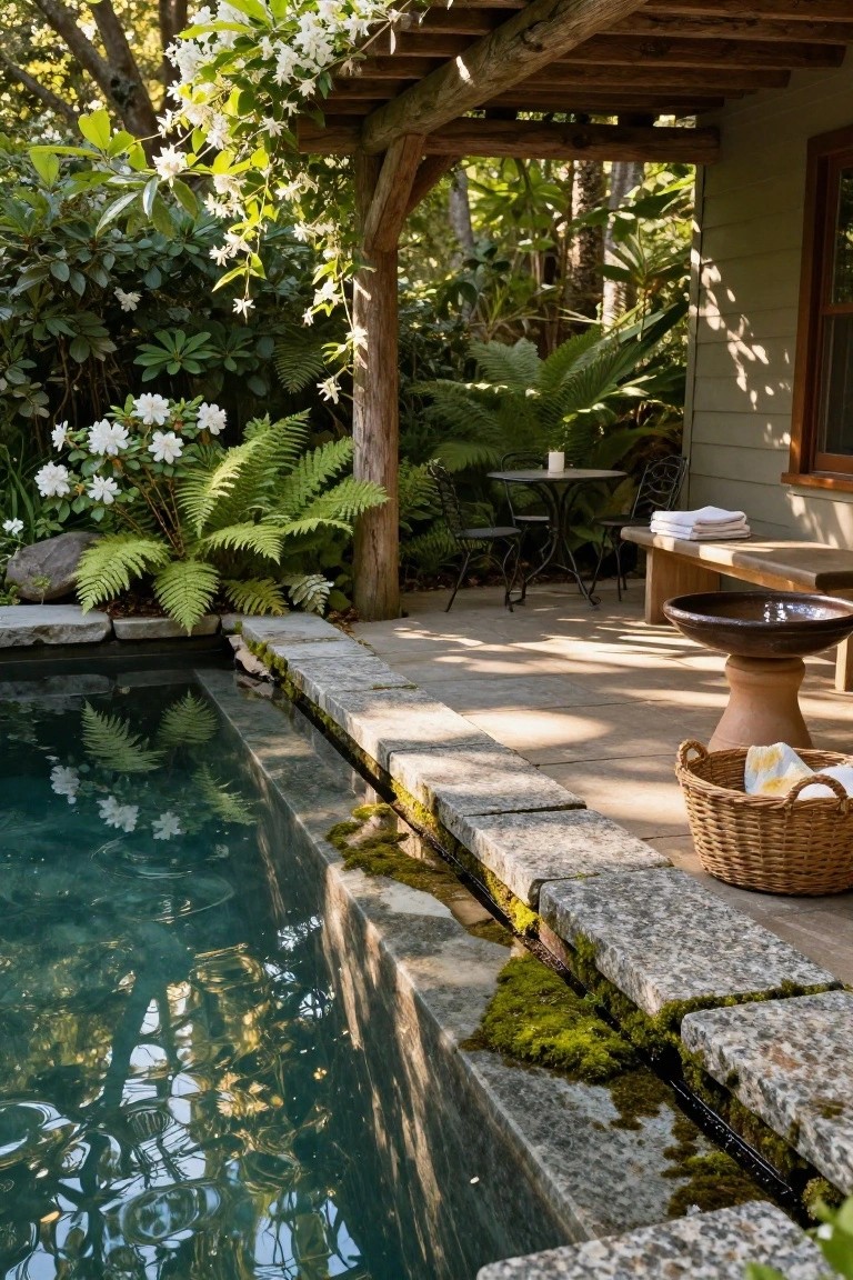 Close view of a narrow turquoise pool edged with moss-covered stone slabs, surrounded by lush ferns, rhododendrons, and palms under a wooden pergola with white flowering vines, with outdoor seating and towels nearby.
