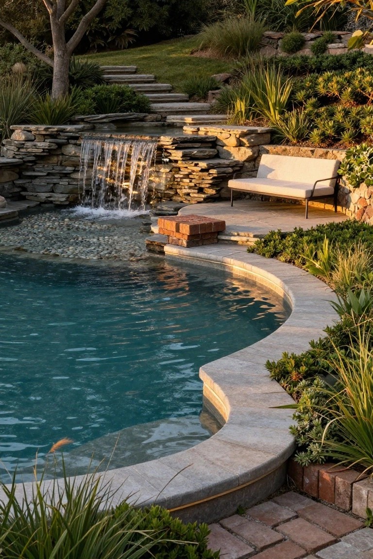 Curved turquoise swimming pool with a natural stacked stone waterfall cascading into it over pebbles, surrounded by native plants, a white bench on stone paving, and brick accents.