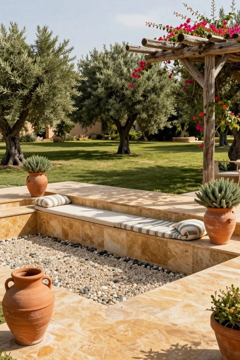 A raised stone terrace with a shallow rectangular pebble-filled basin serving as a natural pool, surrounded by a cushioned bench, flanked by terracotta pots with plants, under a wooden pergola with bougainvillea, amid olive trees and lawn.