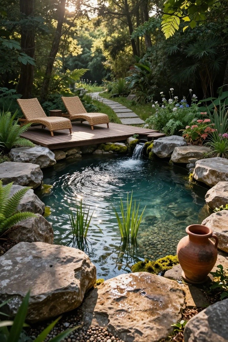 Turquoise natural pool bordered by large stacked rocks with a small waterfall, wooden deck platform holding two rattan loungers, surrounded by ferns, palms, and garden path.
