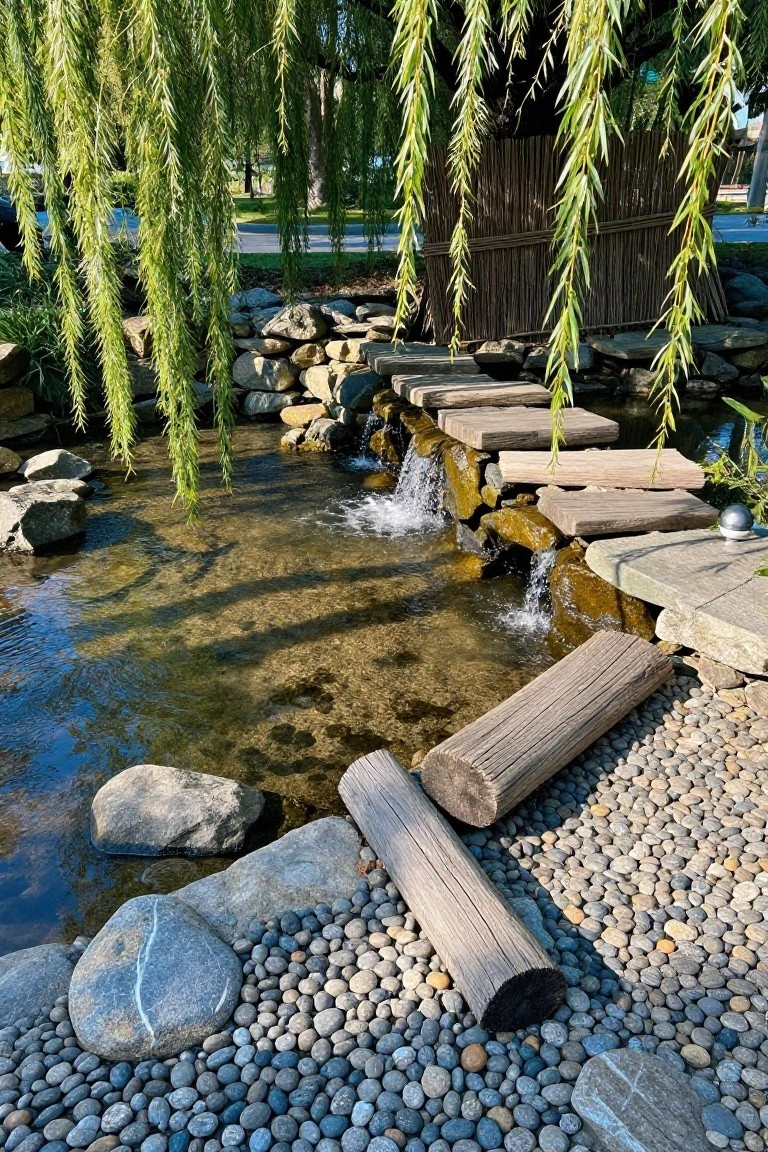 Small natural pond with cascading waterfall, wooden stepping stone bridge crossing over it, surrounded by rocks, pebbles, logs, and overhanging willow tree branches.