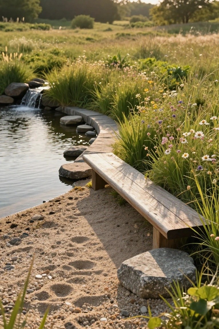 Curved natural pool with a small rock waterfall, surrounded by tall grasses, wildflowers, and stones, featuring a wooden bench on a sandy beach edge with paw prints in the sand.
