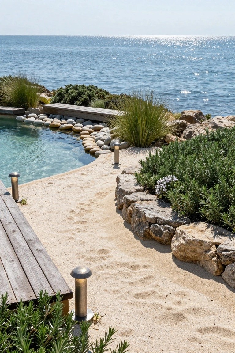 Turquoise pool with sandy beach-style entry edged in rocks and plants, wooden deck nearby, and ocean view.