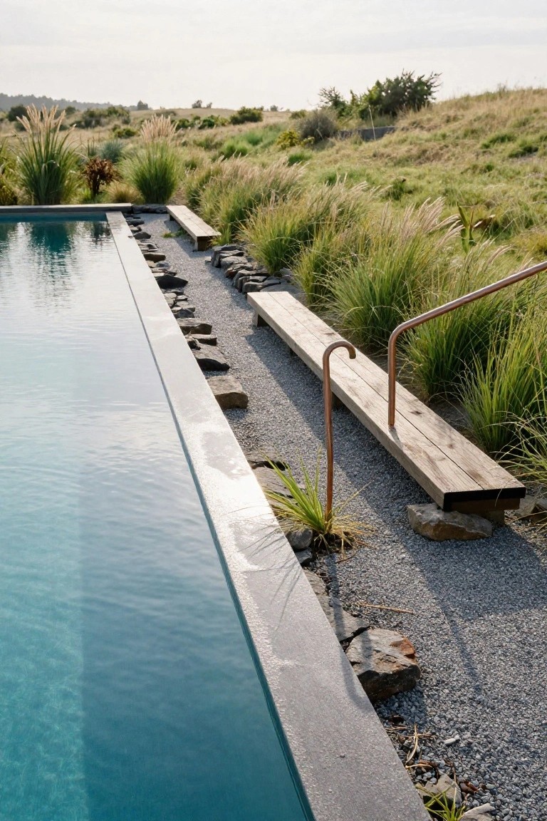 Rectangular pool with teal water and dark stone edging, next to a long wooden bench on gravel ground surrounded by tall ornamental grasses, rocks, and a curved copper handrail.