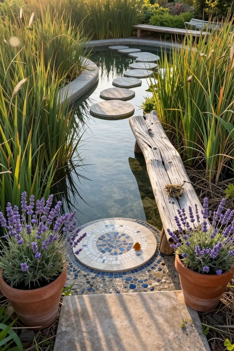 Curved pathway of large round concrete stepping stones across a shallow natural pool surrounded by reeds, with lavender plants in terracotta pots flanking a central mosaic stone and a weathered wooden bench nearby.