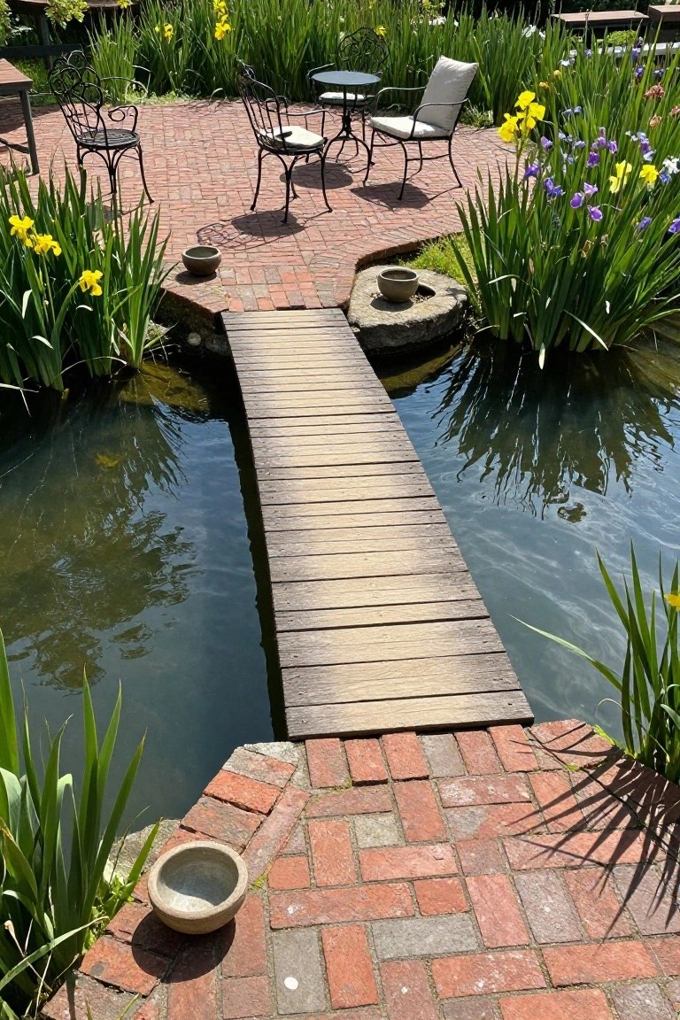 Wooden footbridge spanning a natural pond in a brick-paved garden patio with wrought iron chairs, table, stone pots, and yellow and purple irises around the water.