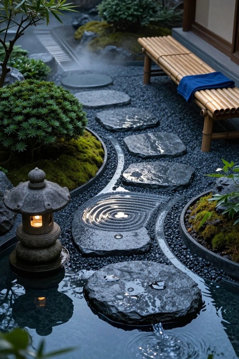 Overhead view of a Japanese garden with a shallow reflective pool crossed by irregular dark stone stepping slabs, surrounded by mossy plant beds, black gravel, a lit stone lantern, and a bamboo bench with blue cloth nearby.