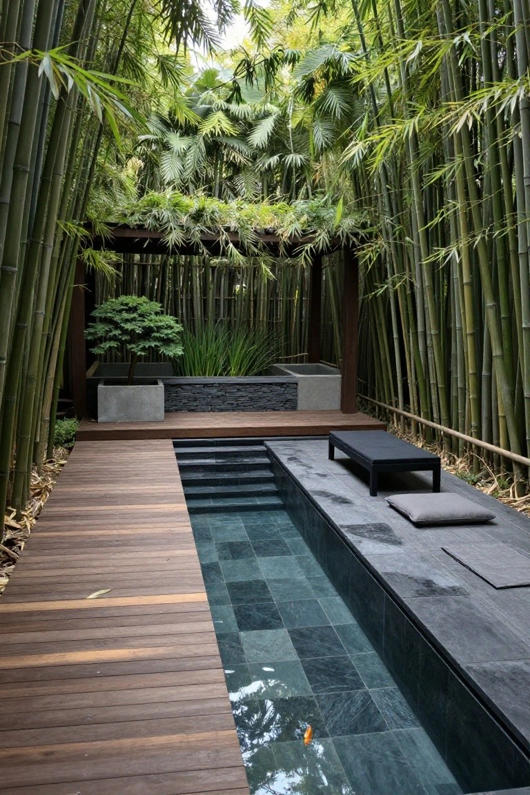 Narrow outdoor pool with green slate tile lining and wooden walkway along one side, surrounded by dense bamboo groves, steps leading into the water, a bonsai tree in a concrete planter, tall grasses, and a black cushioned bench on the deck.