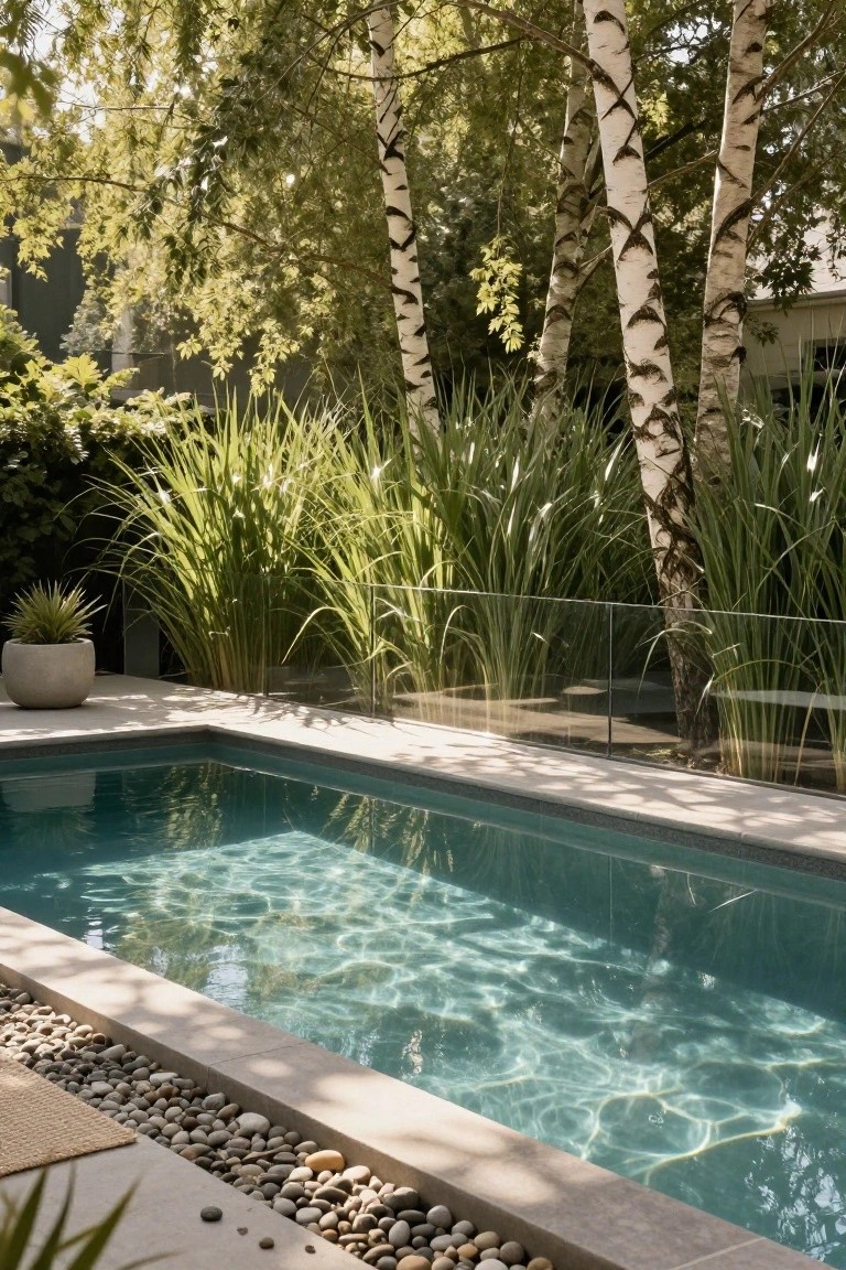 Rectangular pool with turquoise water, surrounded by concrete deck, glass fencing, tall green grasses, birch trees, a potted agave plant, and pebbles along one edge.