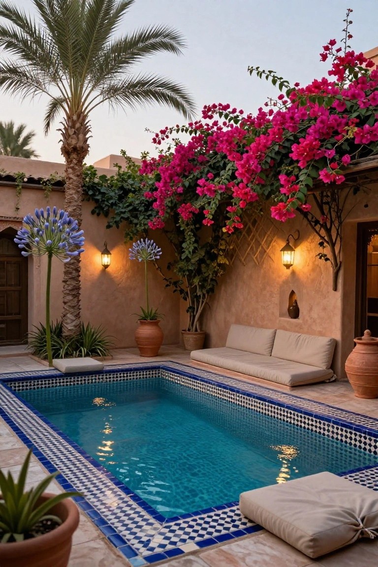 Small rectangular pool with blue mosaic tiles in a walled courtyard, shaded by pink bougainvillea vines on an overhead trellis, surrounded by palm trees, agapanthus plants in terracotta pots, low beige cushions on the edge, and lit wall lanterns.